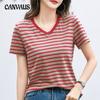 Летняя женская футболка с v-образным вырезом, полосатый топ с короткими рукавами