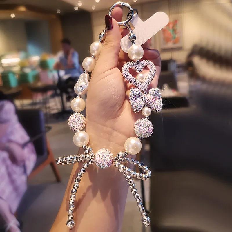 Браслет с полными бриллиантами, узел-бабочка «Любовь», шнурок для мобильного телефона, ручная работа, цепочка из бусин, сверкающий бриллиант, прозрачный ремешок на запястье