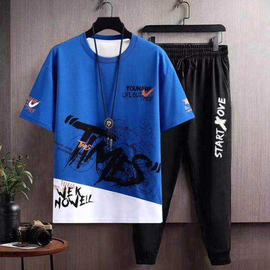 2Pcs/Set Men Letter Print O-neck Short Sleeve T-shirt Elastic Waist Drawstring Sweatpants Set Sport