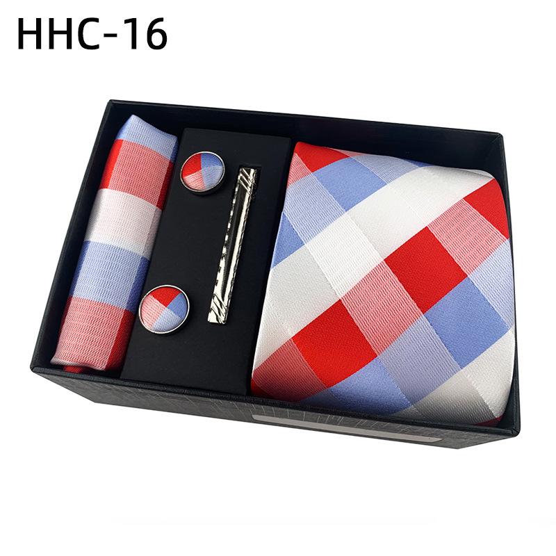 Men'S Striped Flower Plaid Tie Square Towel Cuffs Tie Clip Gift Box Set Business Casual Tie Black