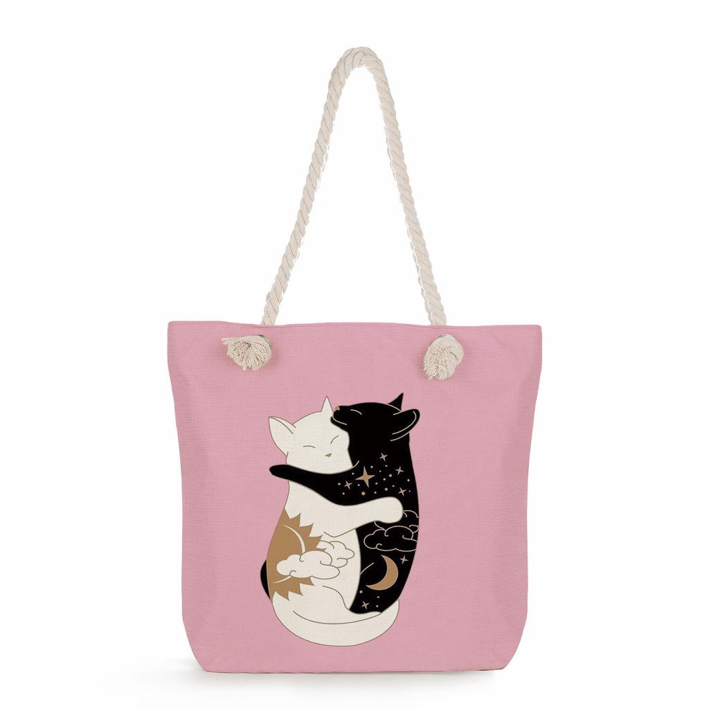 Cat print thick rope single-shoulder beach bag 7215 KTB