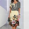 Women's Fashion Dress Round Neck Short Sleeve Elegant Knee Length Dress Flower Print Dress Summer Casual PartyFit Dress