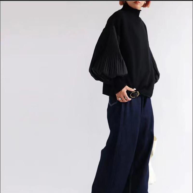 Зимний женский стильный свитер с высоким воротником, пэчворк, повседневный свободный пуловер, рукав «фонарик», женский свитер