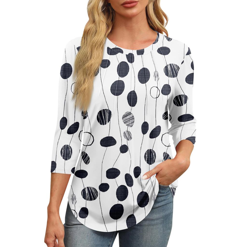 Женская модная футболка с круглым вырезом и рукавом 3/4 с принтом, повседневная, базовая, плиссированная, пуловер