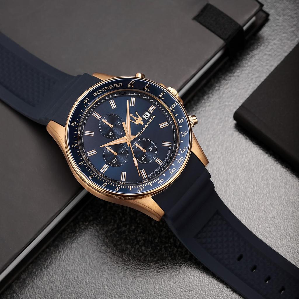 Maserati Мужские часы-хронограф 44 мм с синим циферблатом с люминесцентными стрелками и метками из кремнезема, водонепроницаемость 10 АТМ, японский официально авторизованный циферблат, гель, механизм,