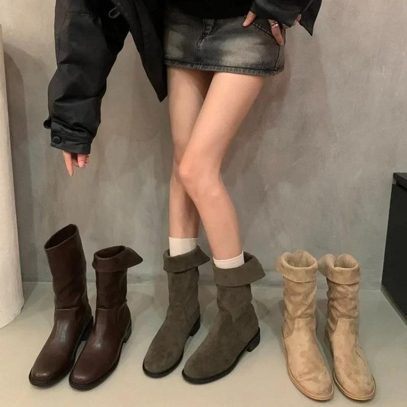 2024 Новые Туфли Женские Сапоги Женские Осенние Круглые Носки Замшевые Однотонные Короткие Ботинки На Блочном Каблуке Модные Сапоги Zapatos De Mujer