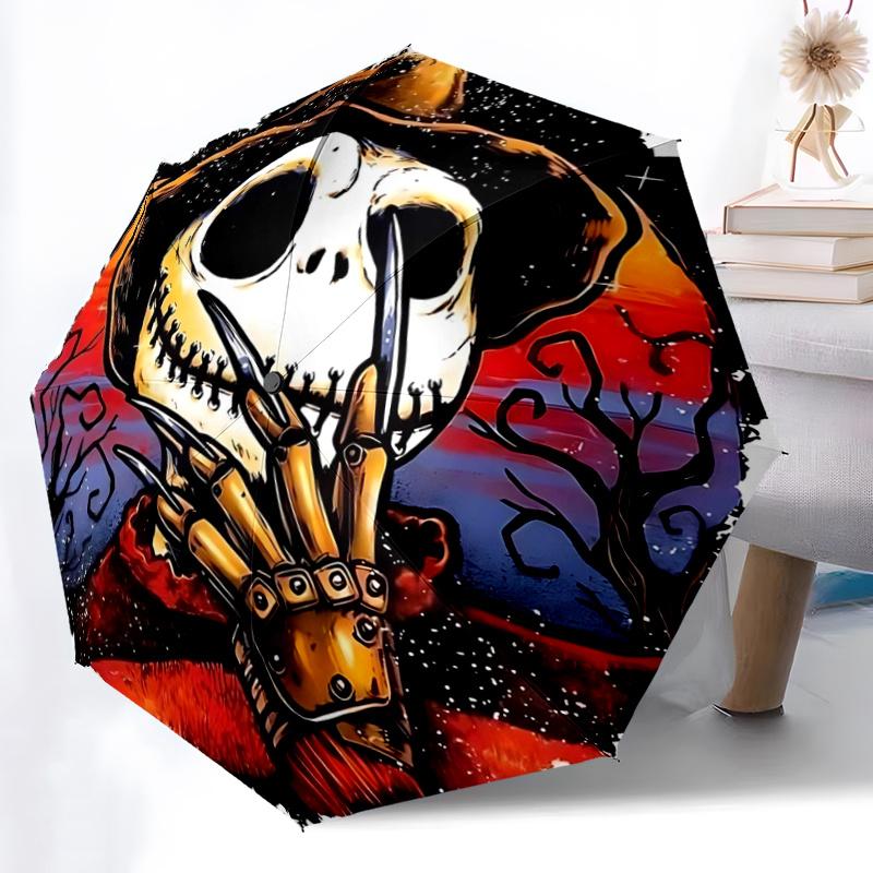 1pc Jack Nightmare before Christmas Pattern Automatic 3-Fold Umbrella, 8 Steel Frames, High-Value Folding Umbrella, Suitable for Office, Tra
