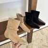 Мода SUOJIALUN 2025 Новый Бренд Женские Короткие Ботинки Обувь Мода Низкий Клиновидный Каблук Слипоны Ботинки до Середины Икры Обувь Круглый Носок Туфли-Лодочки для Платья