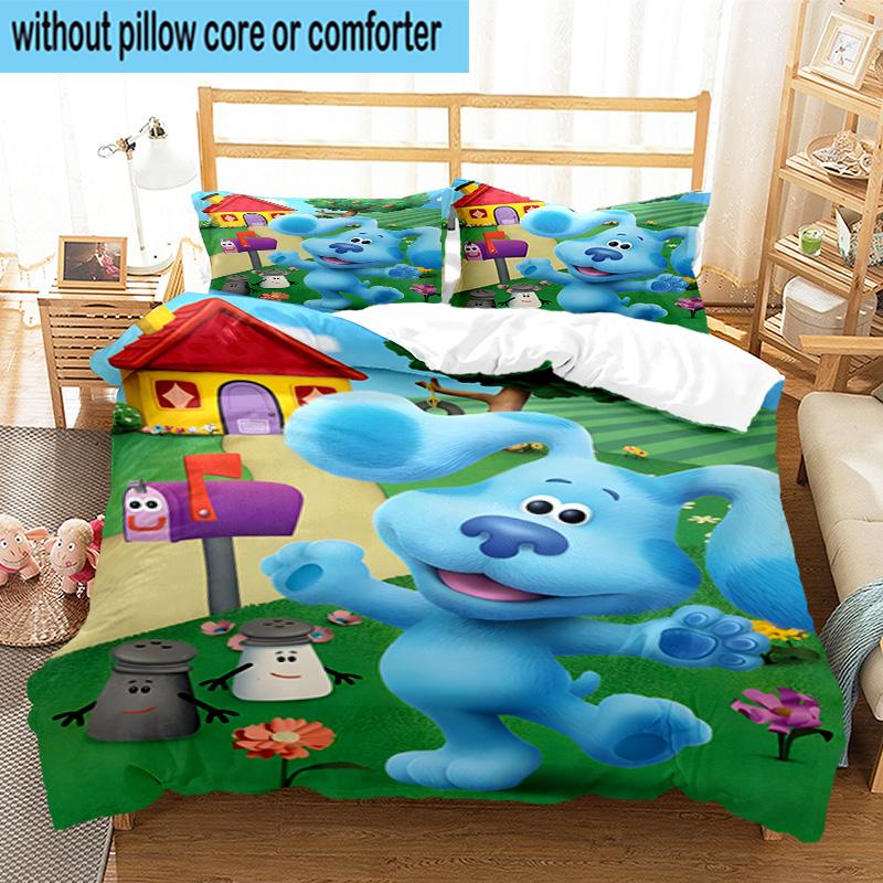 Cartoon Blue dog 3pcs Bedding,Including 1pc Duvet Cover And 2pcs Pillowcases Perfect for Christmas,Ideal for Bedroom, Dormitory