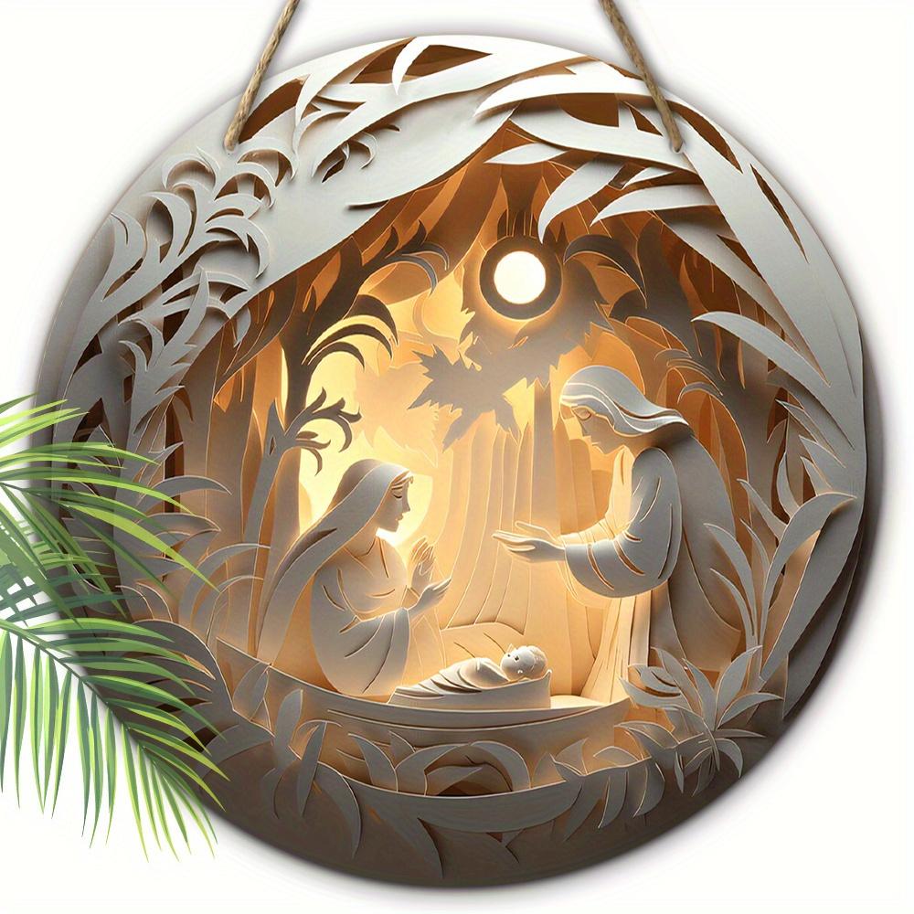 Wood 1pc 2D Nativity Baptism The Birth of Jesus Golden Sunshine Xmas Wood Porch Wreath Hanging Print Sign Painting Home Fence Decor for Door, Wall