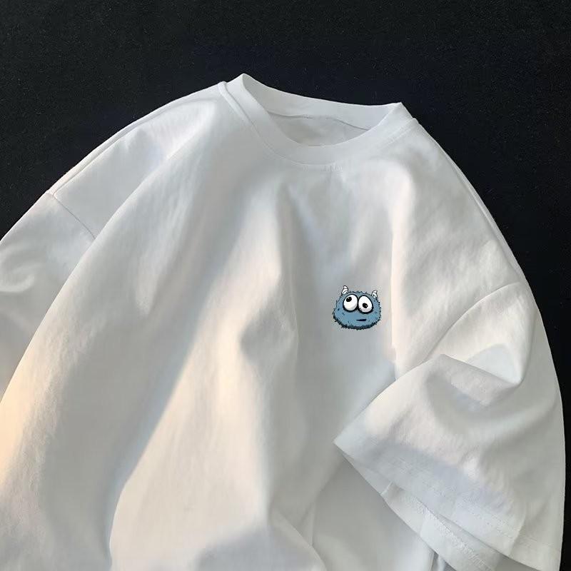 8XL Men Oversize Fashion Loose American Vintage Plush Little Monster Print Short Sleeve Round Neck Versatile Trend Couple Outfit