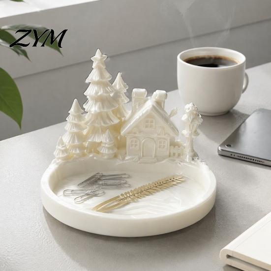 Nordic Style Storage Dish Christmas Winter Village Jewelry Tray, 3D Printed Snow House Pine Tree Decorative Dish, Candy for Holiday Party Mini Desktop