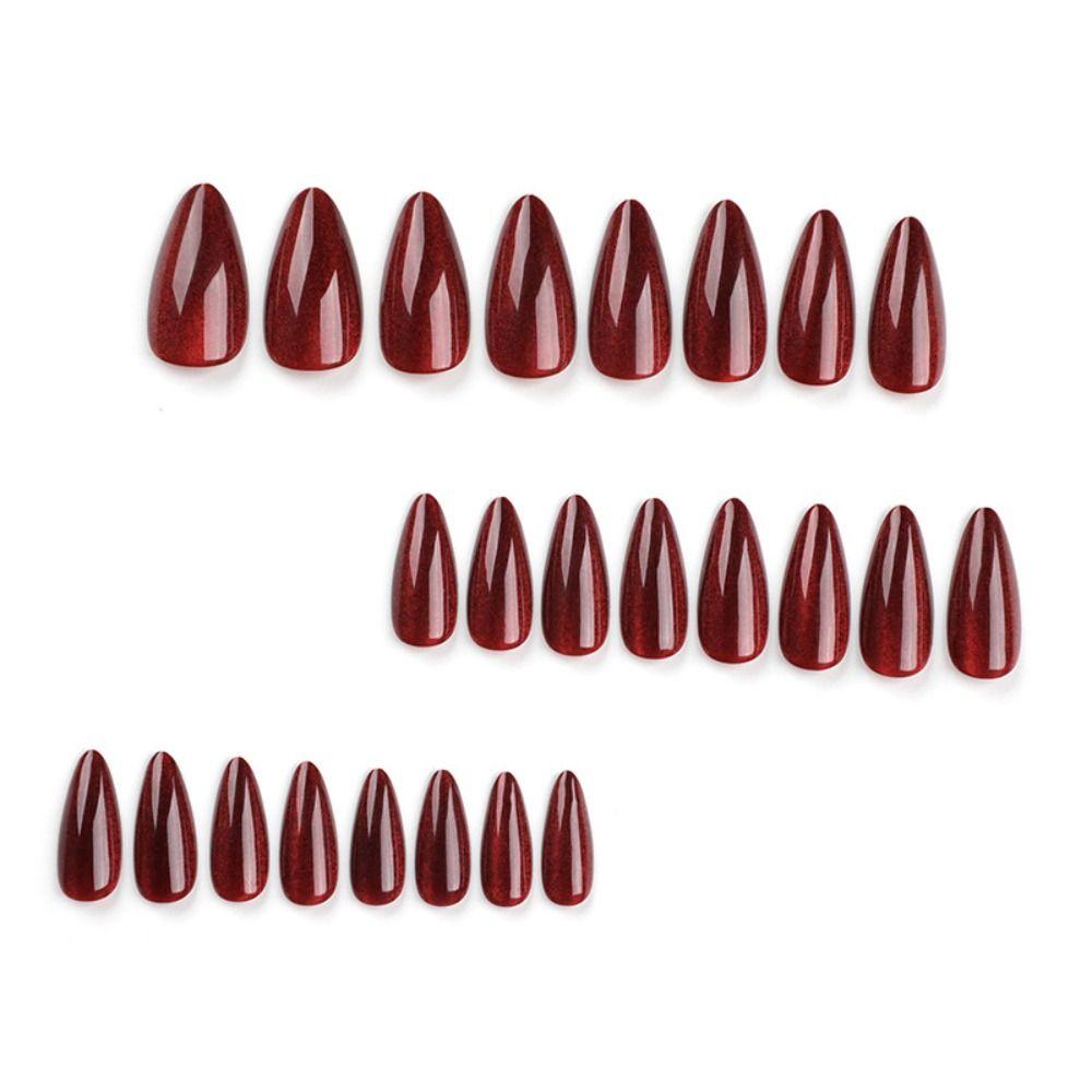 Manicure Long Almond False Nails French Red Press on Nails Detachable Cat Eye Nail Tips Women