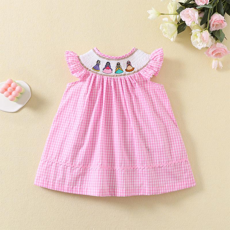 Summer Girls Pink Plaid Cotton Dress Cute Cartoon Embroidery Princess Breathable Casual Party Wear For Kids