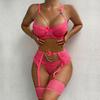1 Set Sexy Bra Panties Girdle Set Hollow Out See-through Lace Chain Decor High Waist Chain Decor Fishnet Elastic Thin Honeymoon Wedding Night