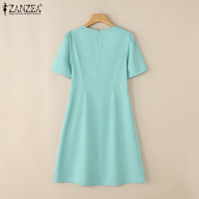 ZANZEA Женское летнее круглое шею однотонное повседневное платье с коротким рукавом