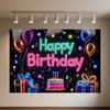 Glitter Happy Birthday Background Banner Glow Neon Dance Carnival Party Decorations Colourful Backdrop Supplies Photography Prop