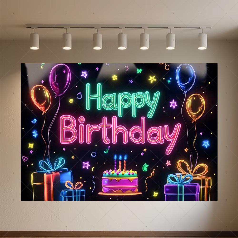 Glitter Happy Birthday Background Banner Glow Neon Dance Carnival Party Decorations Colourful Backdrop Supplies Photography Prop