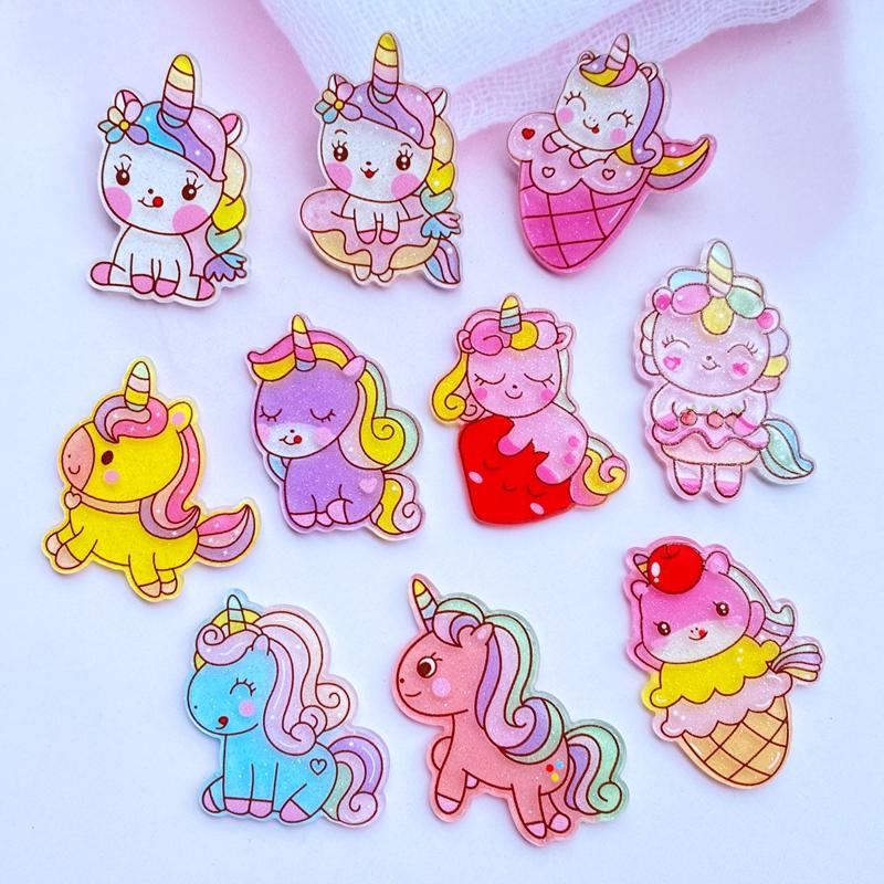 10 шт. Мини Смешанные с блестящими Мультяшные Единороги Акриловые Kawaii Украшения для скрапбукинга DIY Аксессуары H64