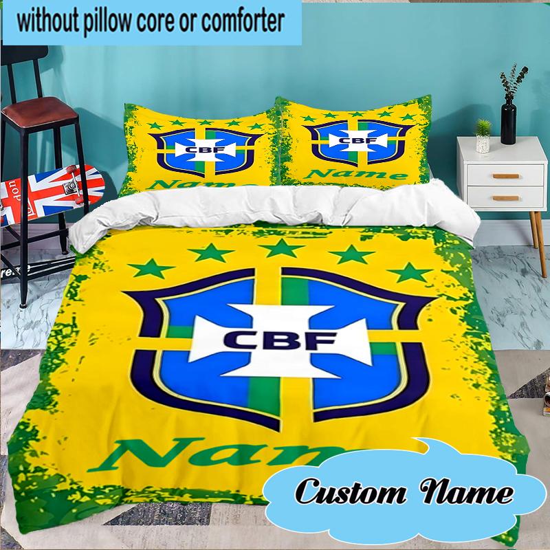 Custom Name Brazilian Football Emblem Bedding Set 3pcs, Bedding Set Including 1pc Duvet Cover And 2pcs Pillowcases for Bedroom, Dormitory Gift