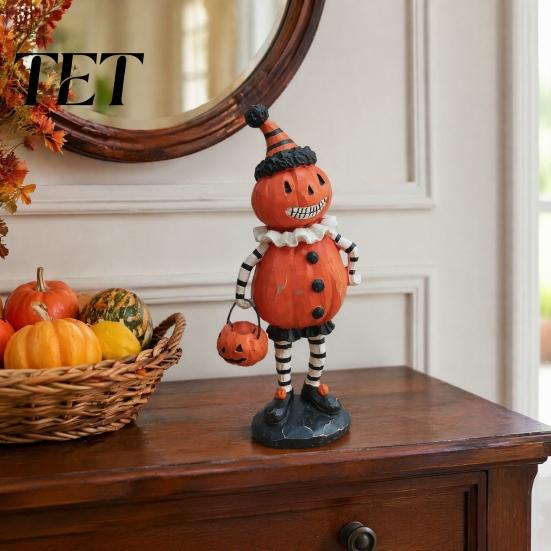 Holiday Fireplace Mantel Decor Wooden Halloween Resin Figurines, Pumpkin Scarecrow Wizard Owl Black Cat Atmospheric Festival Ornaments Statue, Rustic