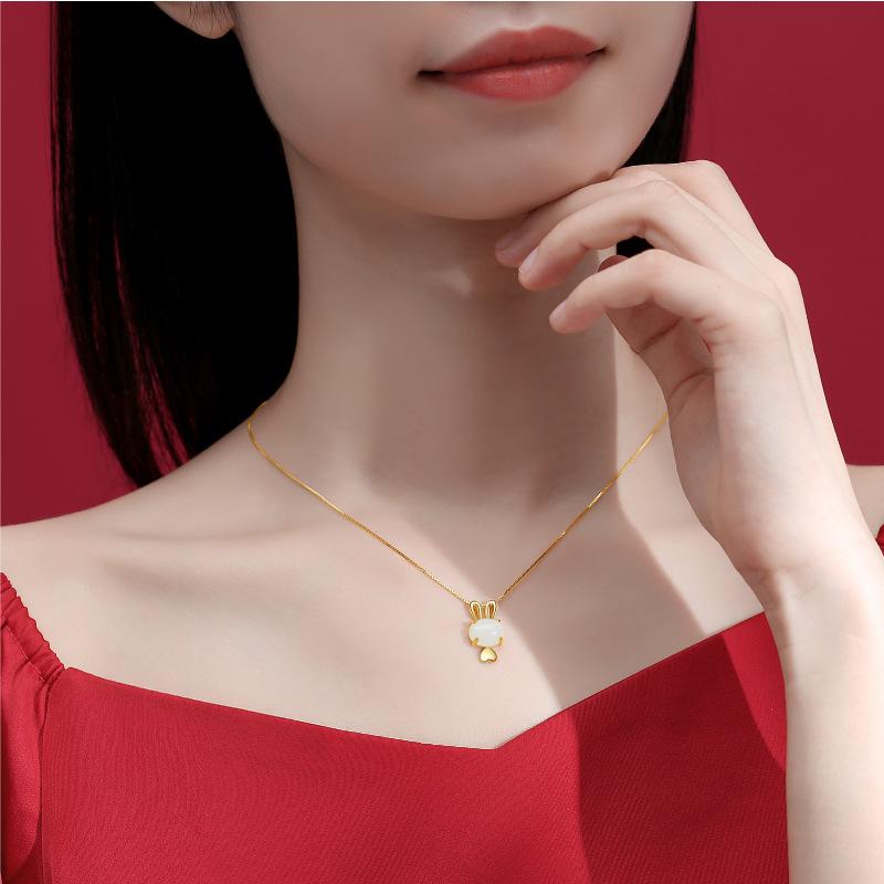 Оригинальный S925 стерлингового серебра натуральный нефрит Хетиан милый кролик подвеска свет роскошный старший ожерелье женская ключичная цепочка