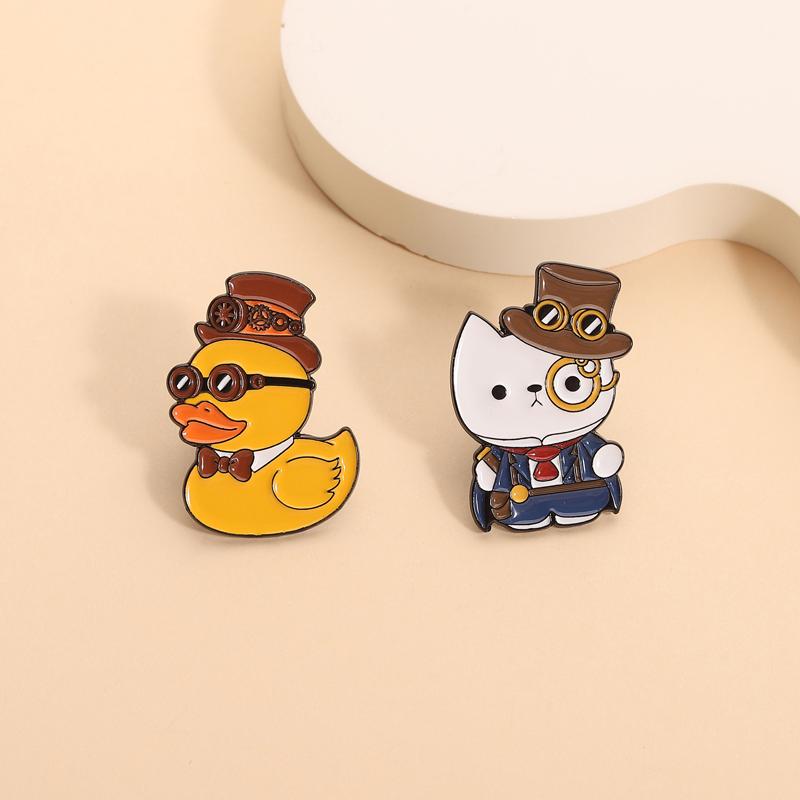 Steampunk Enamel Pins Fun Cute Cat Duck Brooches Lapel Badges Cartoon Cool Animal Jewelry Gift for Kids Friends