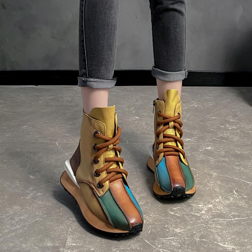Autumn Winter Women Platform Ankle Boots Fashion Mixed Colors Leather Splicing Short Boots Female Comfortable Chunky Booties
