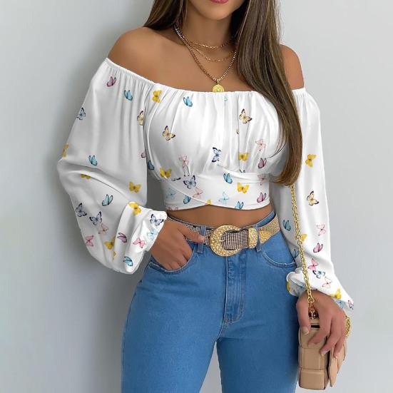 Women Top Sexy Off Shoulder Strapless Long Sleeves Butterflies Rose Flower Print Back Lace-up Slim Cropped Ladies Shirt Blouse Streetwear