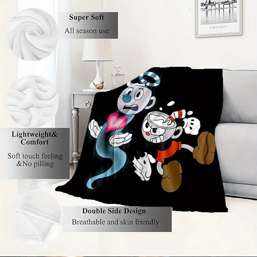 1pc Ghost,Coffee,Cuphead Digital Print Flannel Blanket - Contemporary Style, Suitable for All Seasons, Perfect for Home, Travel, or Camping