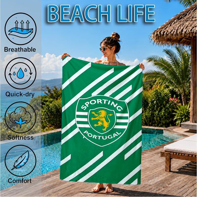 Пляжное полотенце с эмблемой Sporting Cp, Быстросохнущее, Легко ухаживать, Подходит как для занятий фитнесом, так и для пляжного отдыха, Спортивный незаменимый аксессуар