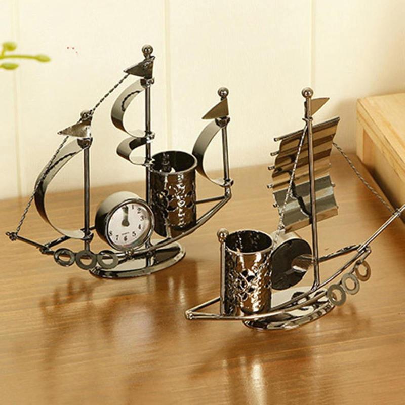 Высокое качество Ретро Парусные часы Металлические навигационные настольные часы Настольные винтажные держатели для ручек Статуэтки часов Классический домашний декор