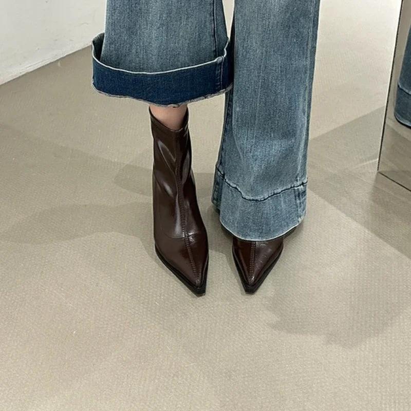 Pointed Toe Solid Women's Boots Zipper High Heels Ladies Shoes 2024 High Quality Autumn Short Barrel Versatile Women's Boots