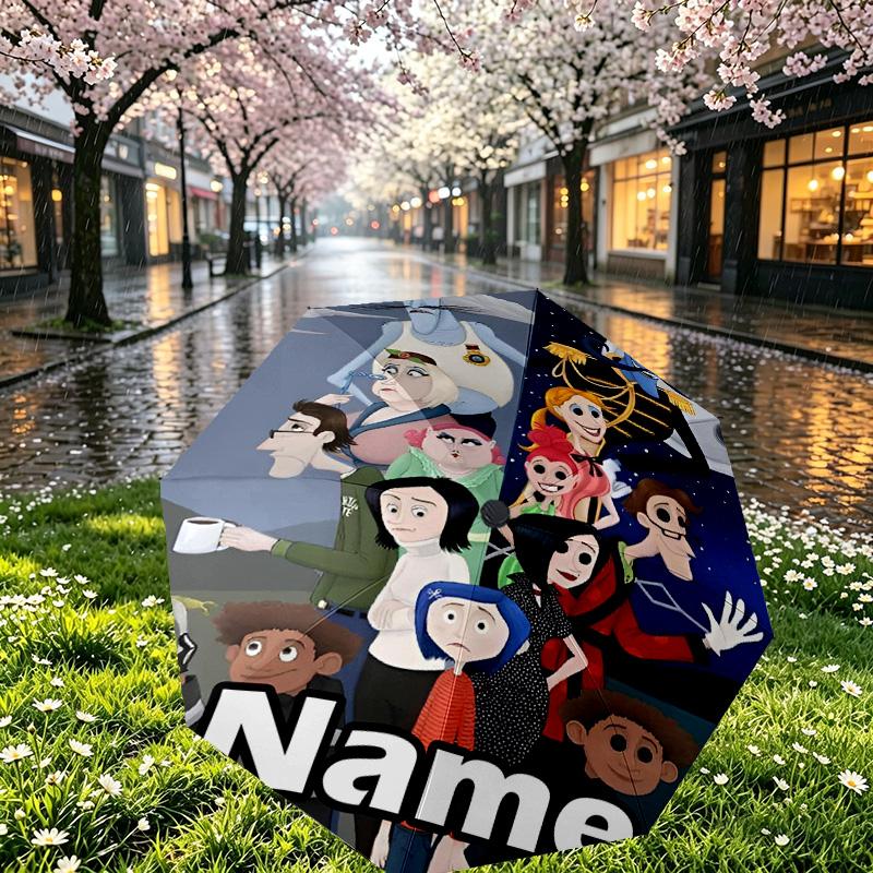 Custom Name Personalized Coraline Print Umbrella, Auto Open Close, 8‑Rib Sturdy Frame, Commute Camping Hiking Use, Birthday Gift