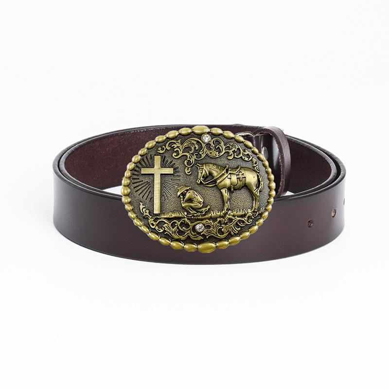Ремень Western Cowboy Horse Cross из цельной коровьей кожи в винтажном стиле