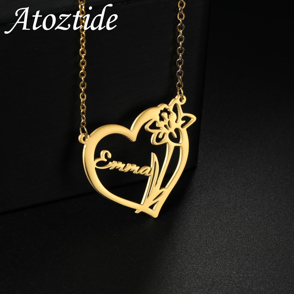 Atoztide Personalized Custom Name Necklace for Women Stainless Steel Heart Pendant Nameplate Choker Link Chain Jewelry Gifts