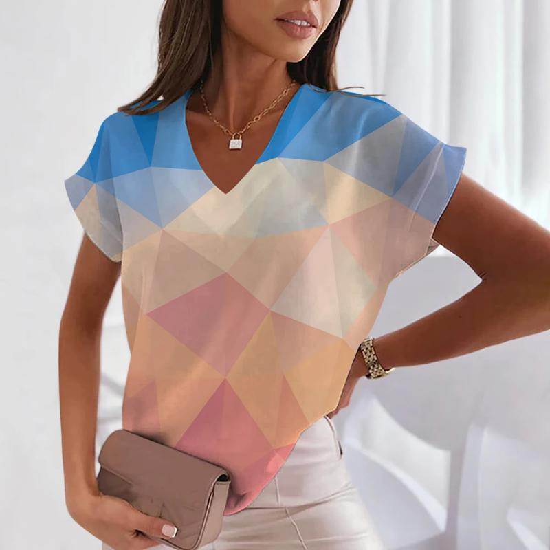 2024 летние женские футболки с геометрическим v-образным вырезом, сексуальные топы с коротким рукавом, модная футболка с принтом, футболка в стиле Харадзюку, женская одежда большого размера