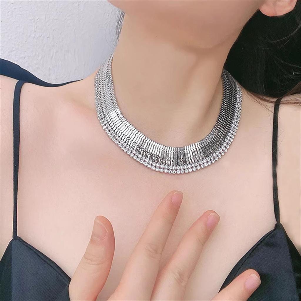 Tooxika Exaggerated Personality Wide Version Of The Strap Chain With Diamonds Necklace Light Luxury Temperament Choker Collarbone Chain Necklace