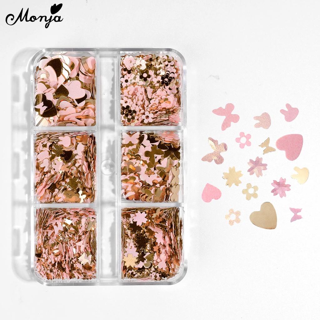 monja 6 сеток/коробка, блестящие 3D украшения для дизайна ногтей, цветы, бабочки, сердце, кролик, хлопья, пайетки, аксессуары для маникюра с блестками