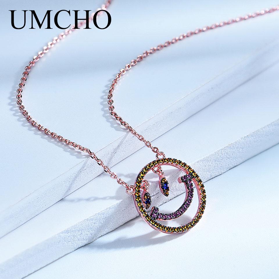 Umcho Ожерелье с эмодзи, разноцветная радужная цепочка со смайликом, однотонное ожерелье из стерлингового серебра 925 пробы для женщин, подарок на день рождения, ювелирные изделия