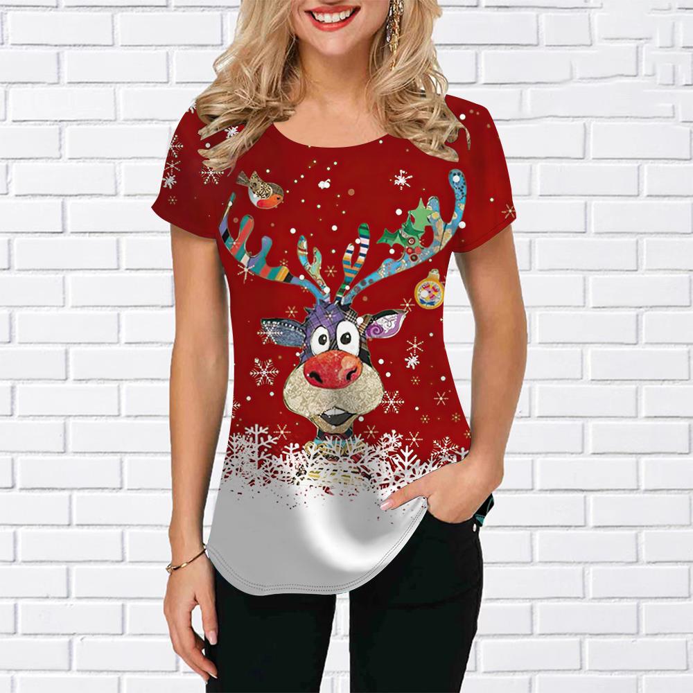 Футболка с изображением лося и снеговика для женщин, летняя футболка большого размера, топ с рождественским принтом и графическим принтом, 2023, модные повседневные женские футболки с круглым вырезом, пуловер