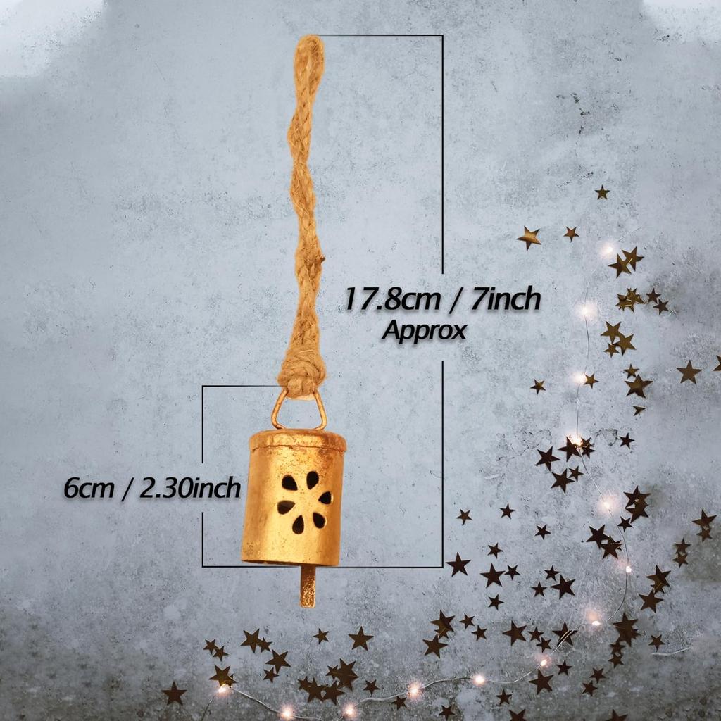 10 Pcs Rustic Gold Floral Cutout Bells with Rope, Handmade Vintage Wind Chimes for Porch, Farmhouse Christmas Tree Ornaments, Boho DIY Craft Supplies