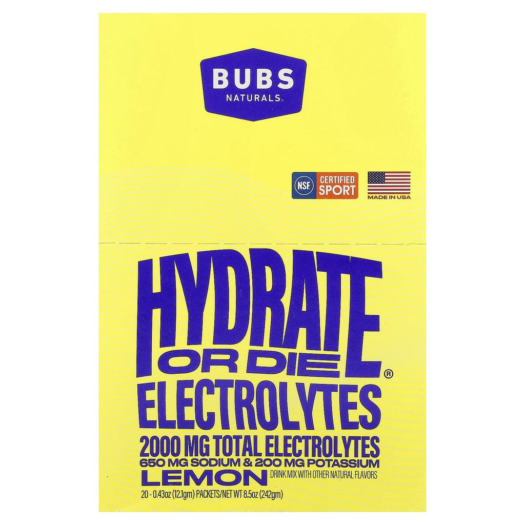 BUBS Naturals Hydrate or Die®, Electrolyte Drink Mix, Lemon, 20 Packets, 12.1 G (0.43 Oz) Each