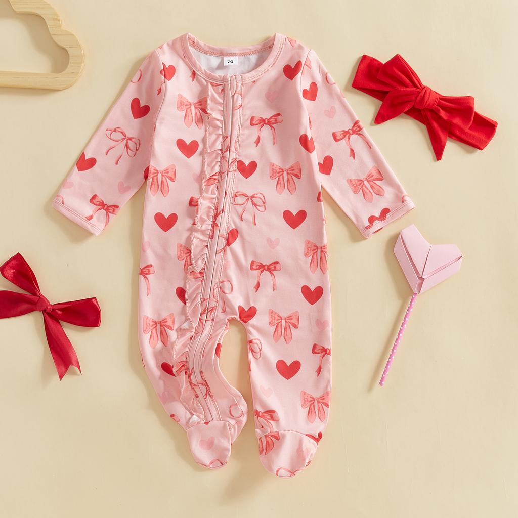 Baby Girl Valentine 's Day Outfits Long Sleeve Heart Bow Print Ruffle Jumpsuit with Headband Set Newborn Clothes