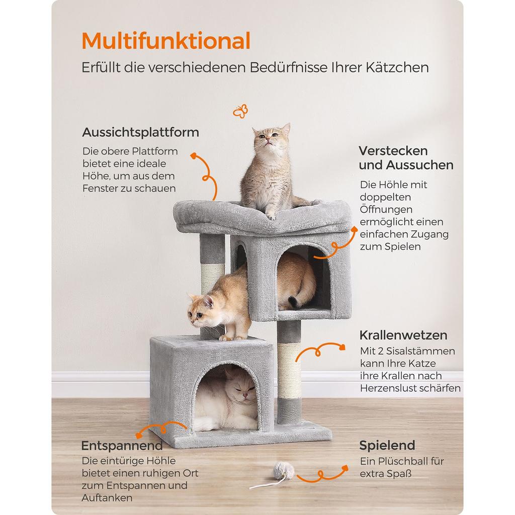 Feandrea Cat Tree, 67 cm Cat Tower, S, Cat Condo for Kittens up to 3 kg, Large Cat Perch, 2 Cat Caves, Scratching Post, Light Grey