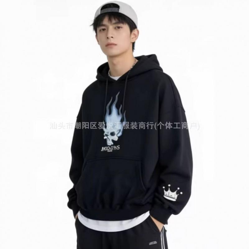 Mens Hooded Sweatshirt With Skull Flame Crown Print Loose Fit Streetwear Long Sleeve Casual Pullover