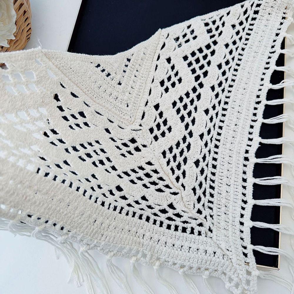 Bohemian Tassel Knitted Triangle Scarf Countryside Style Ethnic Style Crochet Flower Scarves Clothes Decoration White