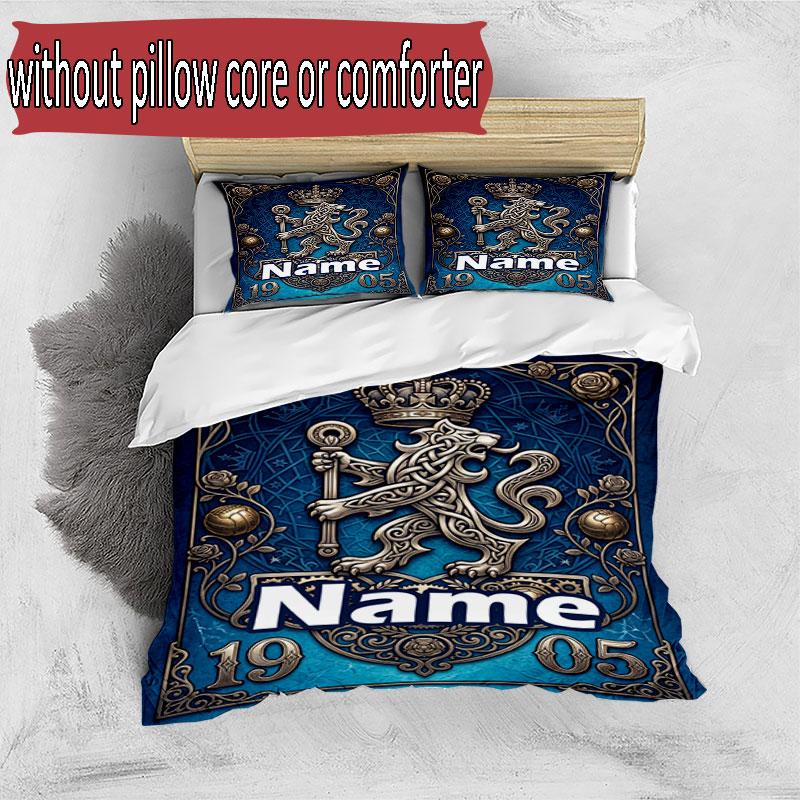 3pcs Duvet Cover Set (1*Duvet Cover + 2*Pillowcase, Without Core), Custom Name Chelsea Football Club Pattern Bedding Set, Home Bedroom Decor Gift