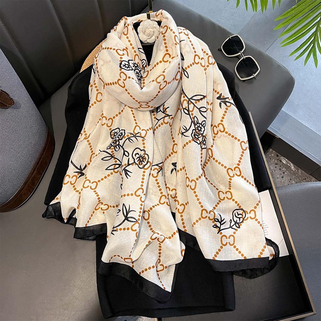 New Spring and Summer Style and Versatile Letter Shawl Warm Scarf for Women's Thin Cotton and Linen Hand-feeling Scarf