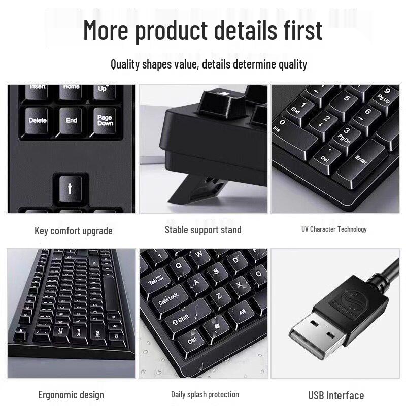 Черный USB-проводной комплект клавиатуры и бесшумной мыши для офиса или игр